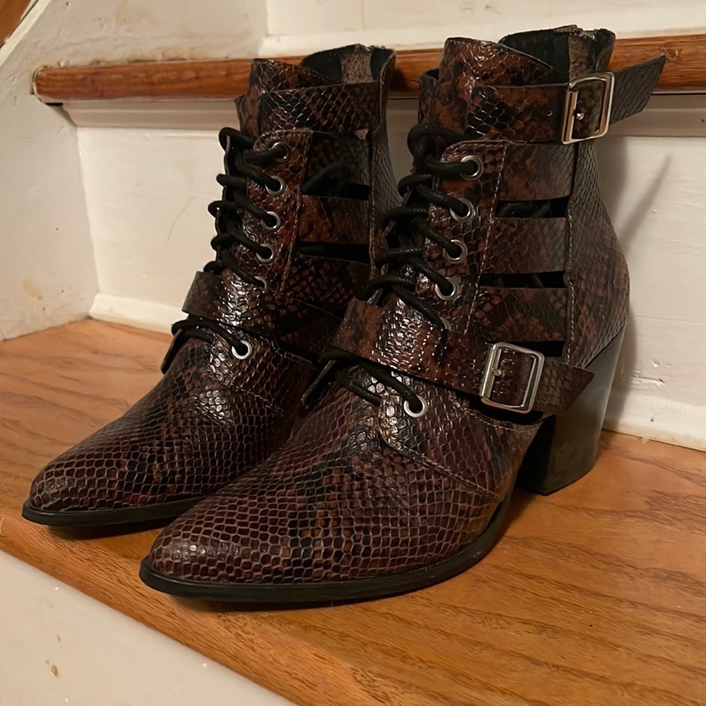 Steve Madden Dark Brown Snake-Print Cutout Lace-Up Ankle Boots